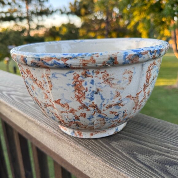 Red Wing Spongeware Stoneware Paneled Mixing Bowl 8" Rustic Blue Brown Vintage - Picture 10 of 16